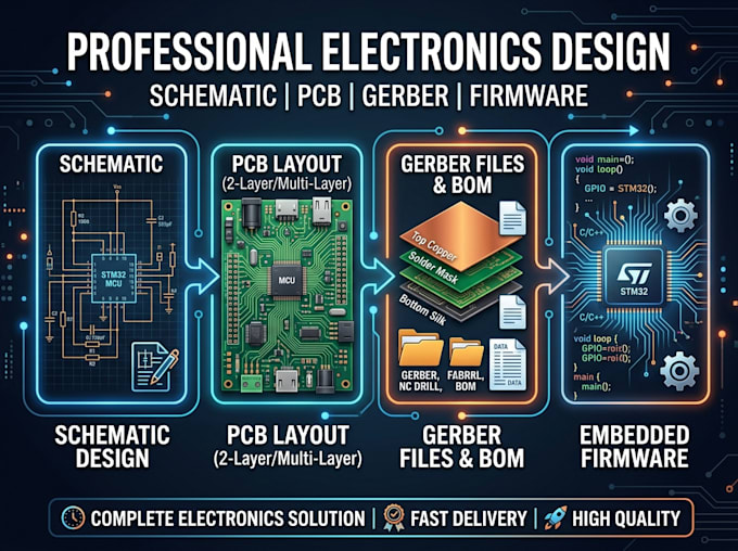 create pcb layout, schematic, gerber files and embedded firmware