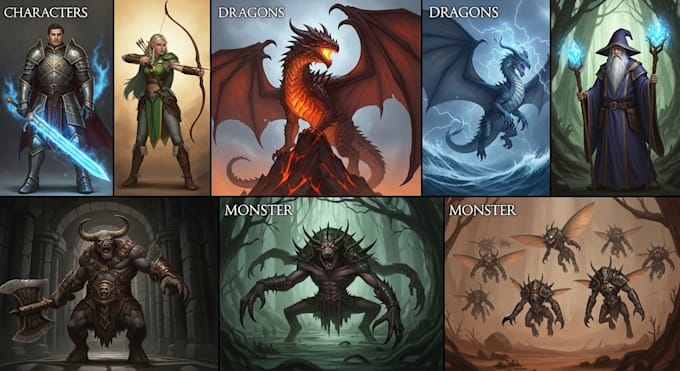 draw concept art for characters, dragons and monsters