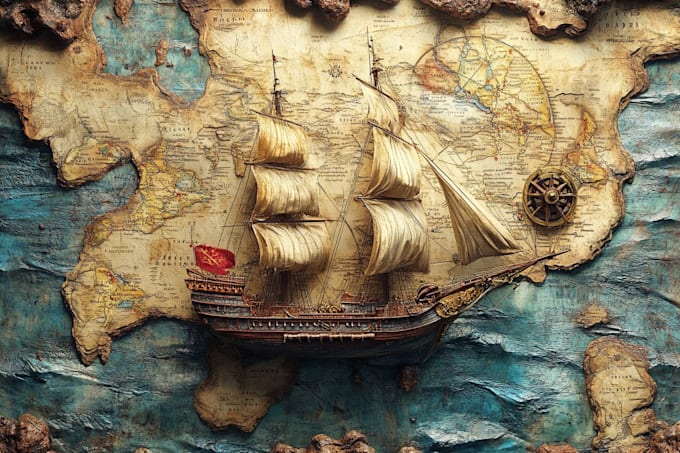 draw fantasy map or ship illustration with cool details