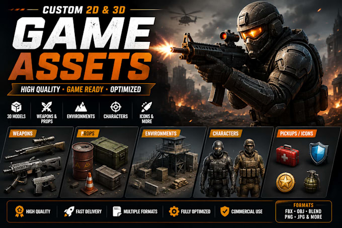 create custom 2d and 3d game assets for unity and unreal engine