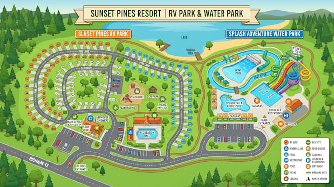 design theme park maps, attraction amusement maps, visitor experience maps