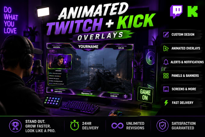 design animated twitch overlay, kick stream overlay package