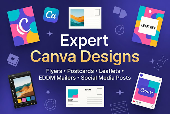 design canva flyer, postcard, leaflet, eddm mailer, social media carousels posts