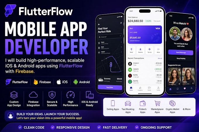 build a flutterflow mobile app, custom ios app, android app with firebase