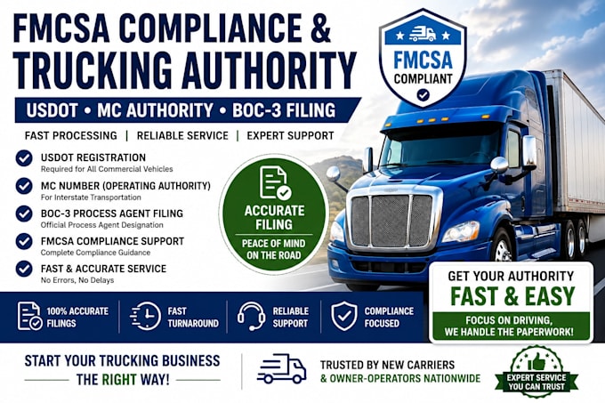 handle your fmcsa compliance usdot mc number, boc3 filing