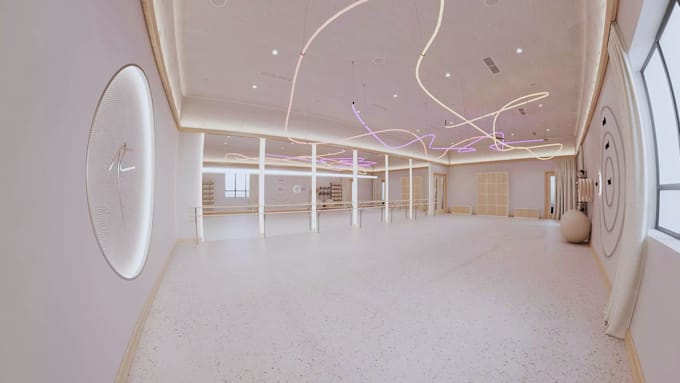 design realistic 3d ballet studio, dance academy, dance hall visualization