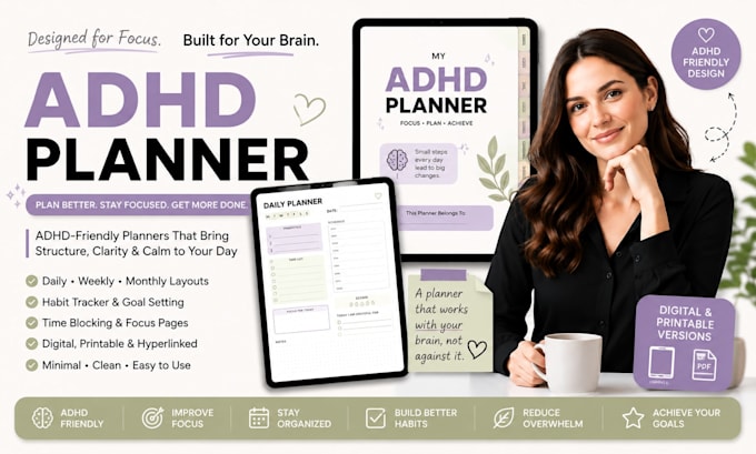 design an adhd planner, productivity planner, digital and hyperlinked planner
