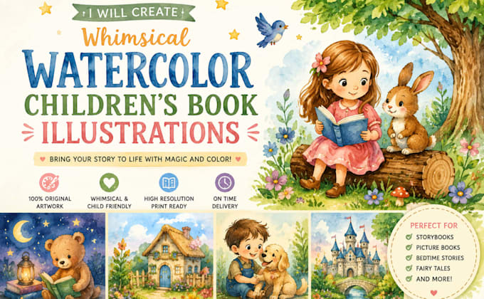 create whimsical watercolor childrens book illustrations
