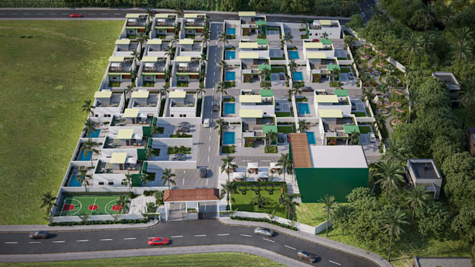 render site masterplan, 3d residential housing scheme design, streetscape visual