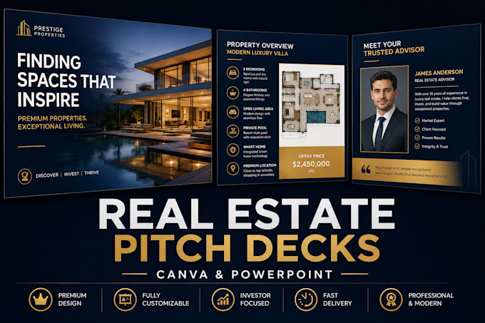 design modern real estate pitch deck or canva presentation