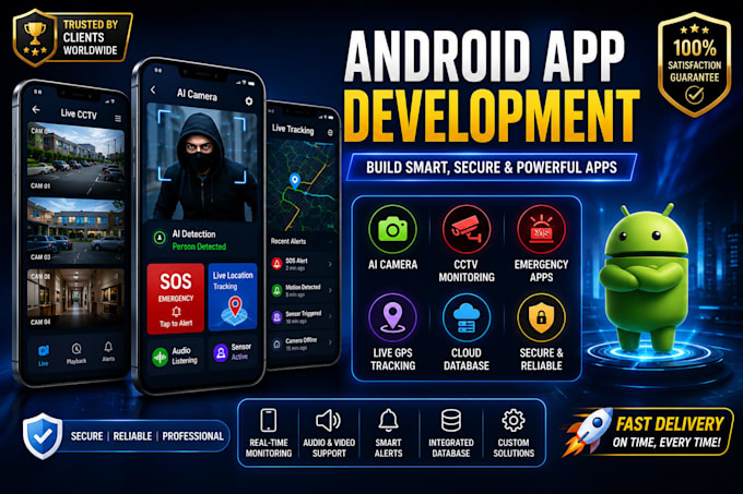 create android app with API, emergency app, cctv app, ai camera app, sensor, lot