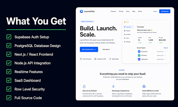 build website, saas with supabase, next js, react, node js