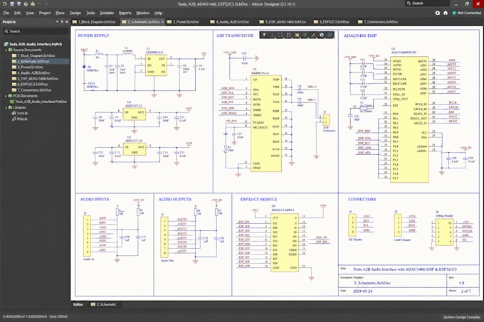 design tesla a2b audio interface adau1466 dsp esp32c3 firmware automotive system
