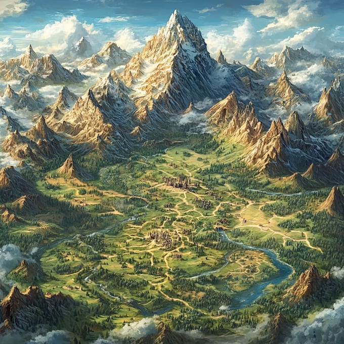 draw a custom fantasy map illustration with castles and forests