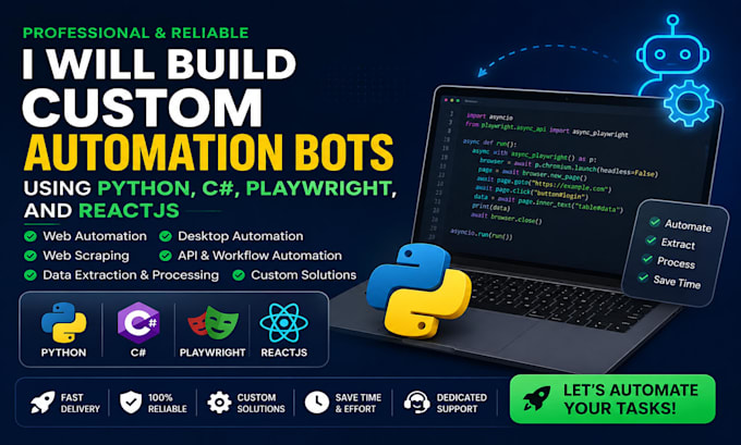automate any task using python, c sharp, playwright,  reactjs