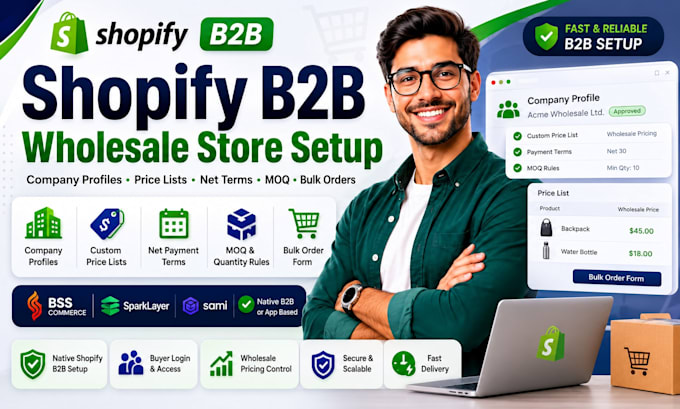 setup shopify b2b wholesale club sparklayer bss gorilla locksmith net terms moqs