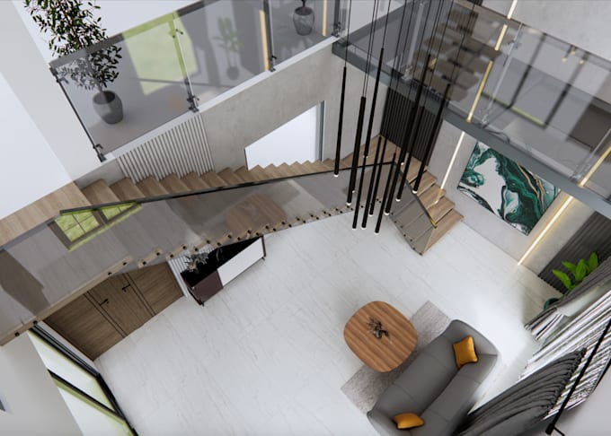 redesign staircase,3d interior rendering,lobby,living area visualization,2d plan