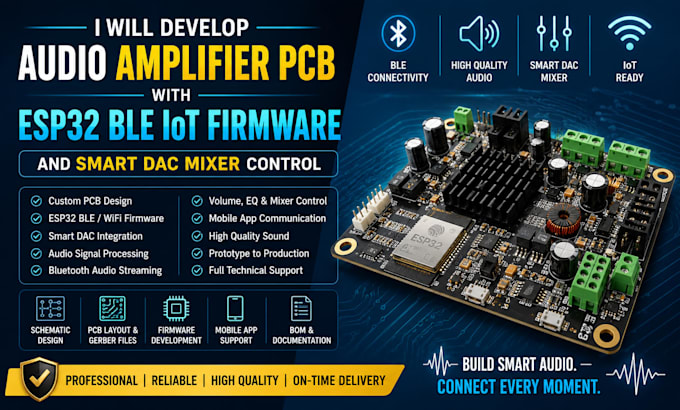 develop audio amplifier pcb with esp32 ble iot firmware, smart dac mixer control