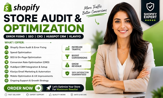 shopify store audit error fixing page optimization seo cro hubspotcrm klaviyo