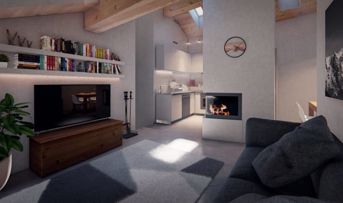 design a functional studio apartment interior, home office, bar design, gym