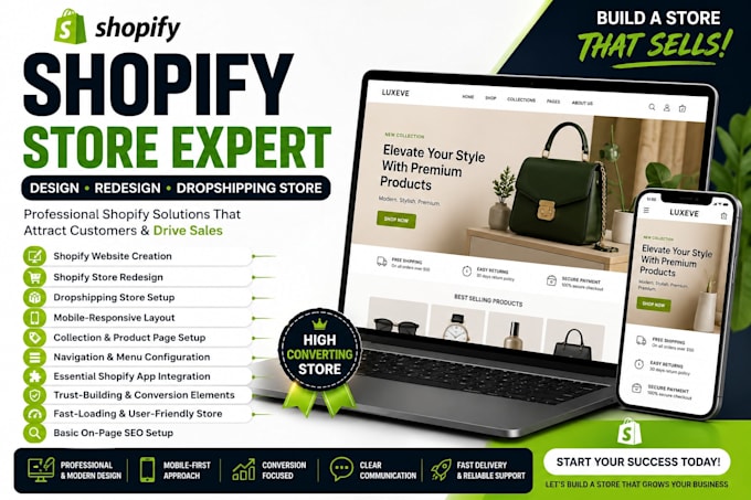 design shopify website, redesign shopify store, and build dropshipping store