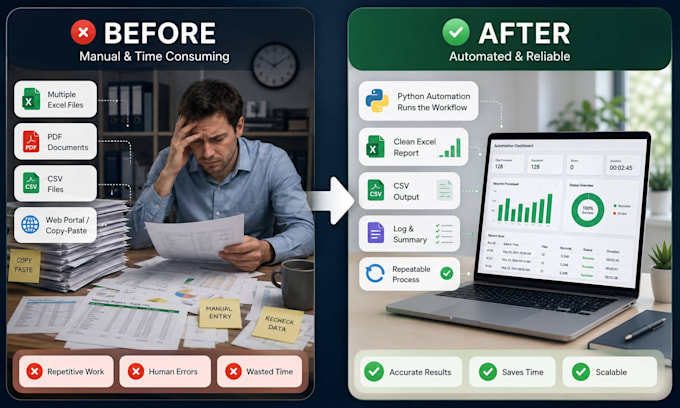 automate excel, CSV, PDF, or web workflows with python