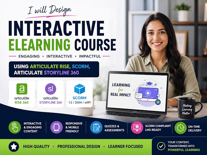design interactive elearning course using articulate rise, scorm, storyline 360