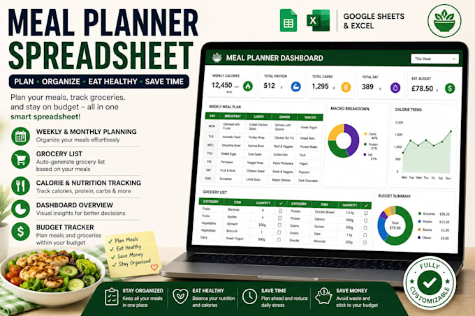 design weekly or monthly meal planner spreadsheet food planner diet tracker