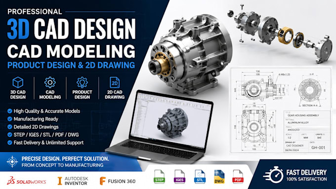 do 3d cad design, cad modeling, product design and 2d cad drawing