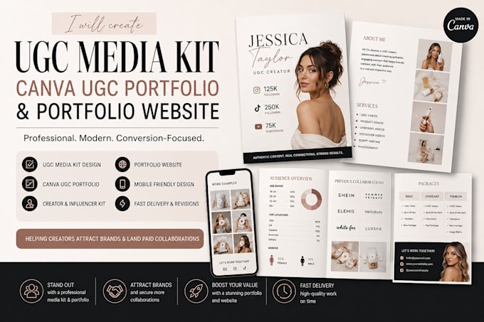 create a ugc media kit, canva ugc portfolio, and portfolio website