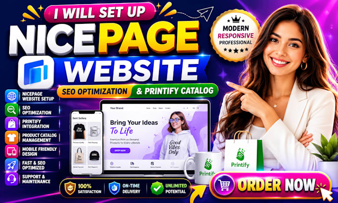 set up nicepage website seo optimization print on demand printify catalog