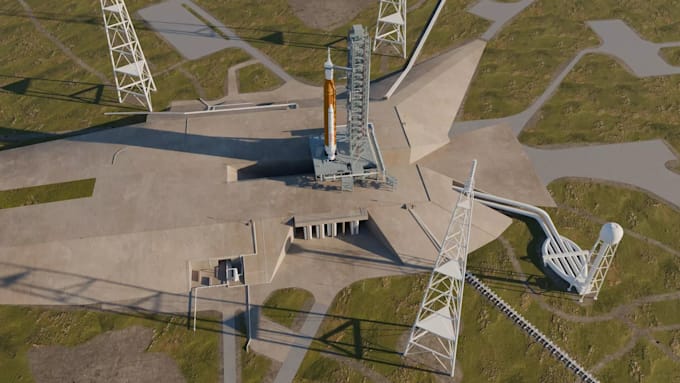 create 3d launch facility design, spaceport launch, rocket launch pad, aerospace