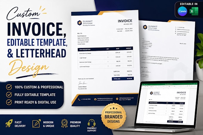 create a custom invioce editable template and letterhead design