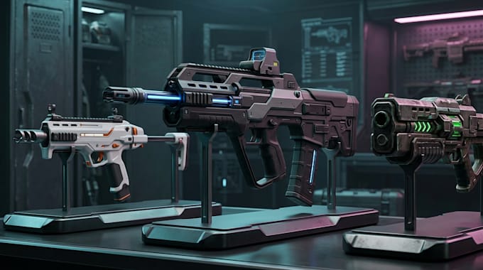 model, rig, and animate futuristic 3d guns for unreal engine and unity