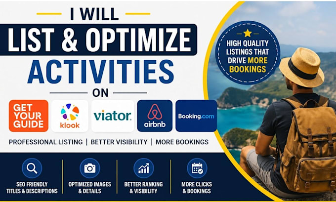 list and optimize activities on getyourguide, klook, viator, airbnb, booking com
