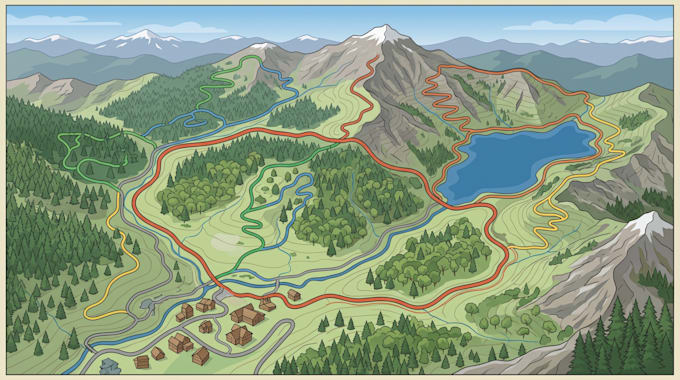 do map illustration, trail map, hiking maps, tourist map outdoor recreation maps