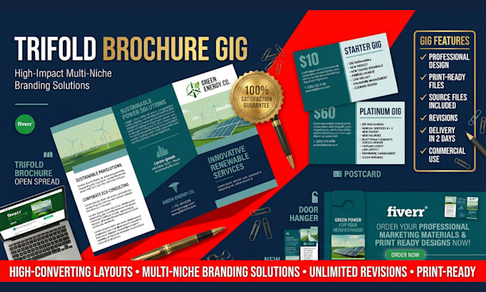 design trifold brochure, bifold, booklet, postcard, and rack card