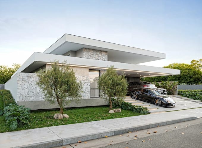 develop modern architecture house from 2d floor plan,cgi exterior carport render