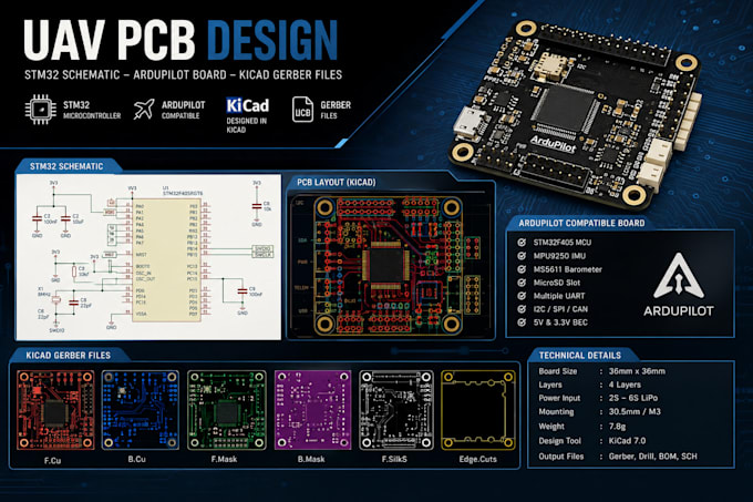 create uav pcb, stm32 schematic, ardupilot board and kicad gerber files