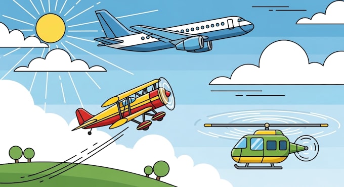 draw aircraft, airplane, helicopter into a vector cartoon