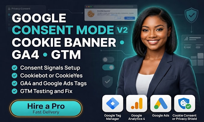 set up google consent mode v2 cookie banner ga4 and GTM