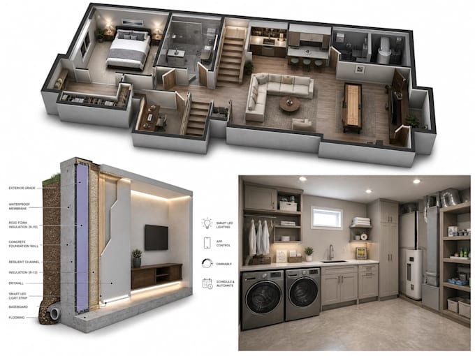 create interior design and 3d rendering smart home planning basement conversion