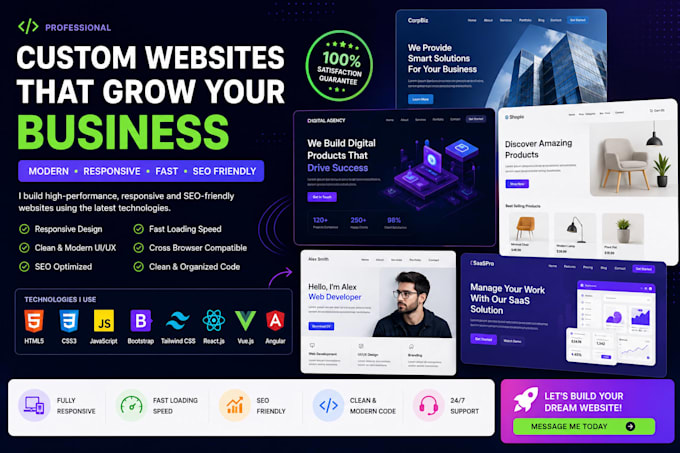 develop a custom responsive website using HTML CSS js react vue angular