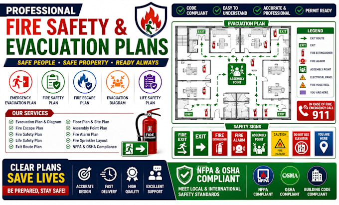 emergency evacuation plan, fire safety plan, fire escape plan, and diagram