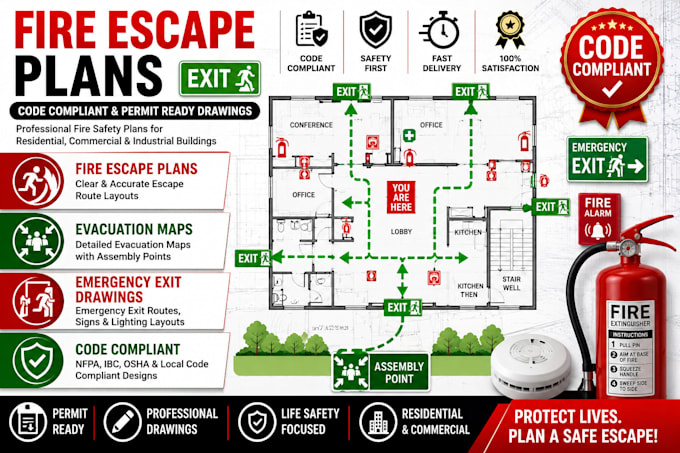 do code compliant fire escape plans, evacuation, emergency exit drawings and map