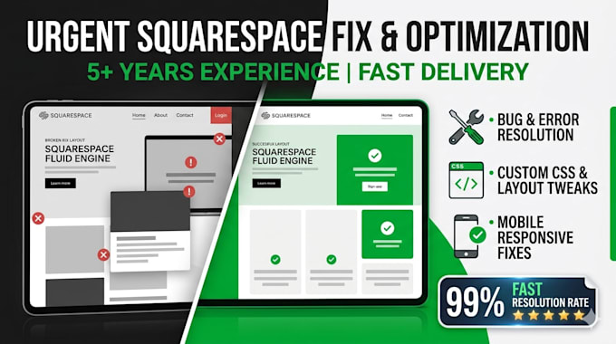 fix squarespace bugs custom CSS issues and website errors urgently