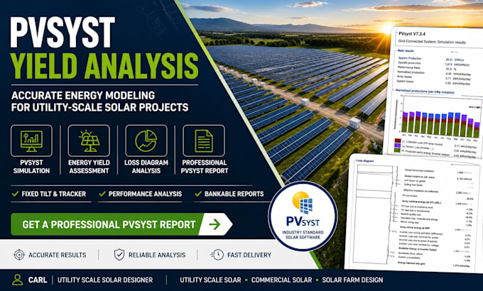 create a professional pvsyst report and solar energy yield analysis