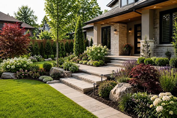 create backyard, patio, pool landscape design with realistic 3d rendering