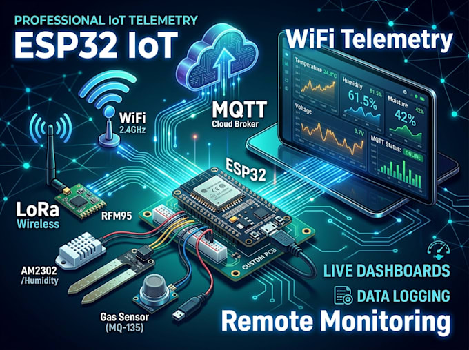 develop iot sensor and telemetry system using esp32 lora mqtt and wifi
