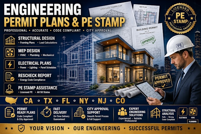 design structural, mep, electrical permit plans, rescheck,pe stamp ca tx fl ny